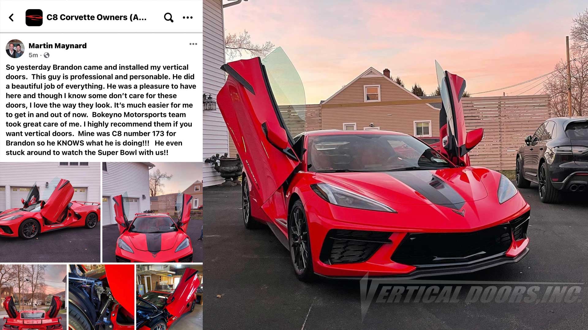 Mobile Installer | Bokeyno Motorsports | Olean, New York | Chevrolet Corvette C8 featuring Vertical Doors, Inc. vertical lambo door conversion kit.