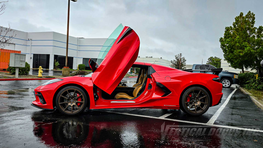 Check out Bob’s Red Chevrolet Corvette C8.R featuring Lambo Door Conversion kit by Vertical Doors, Inc.