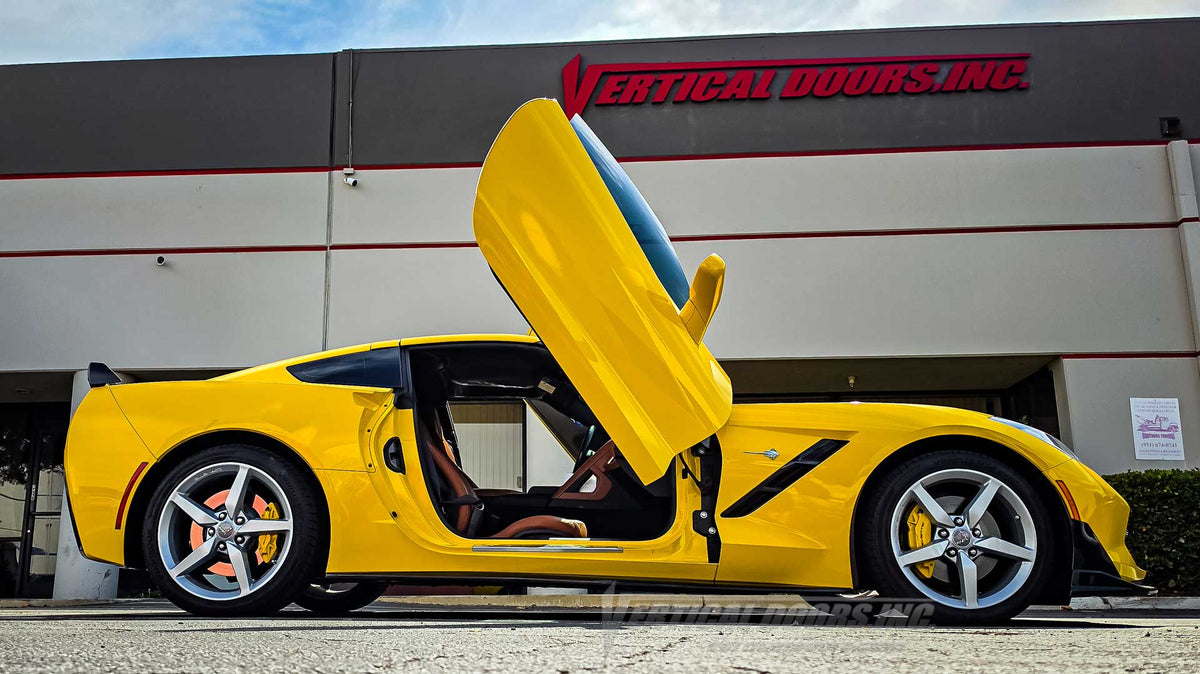 Waddell's Velocity Yellow Corvette C7 Vertical Door Install at Lake Elsinore CA