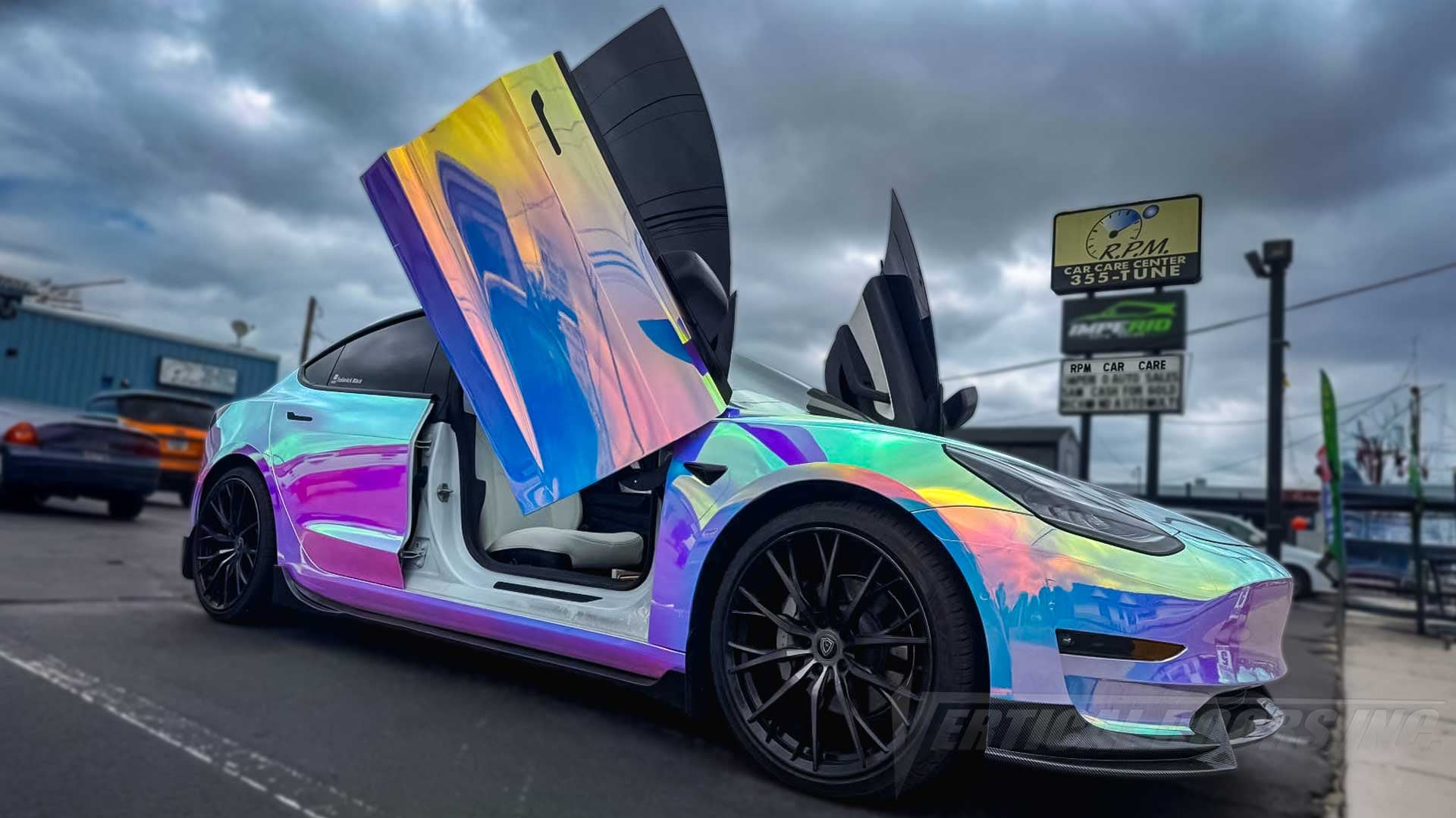 @teslarack_black_ Tesla Model 3 got the BEST Lambo Door Conversion kit and Neochrome wrap installed by RPM Superstore in VA. 3/2025.