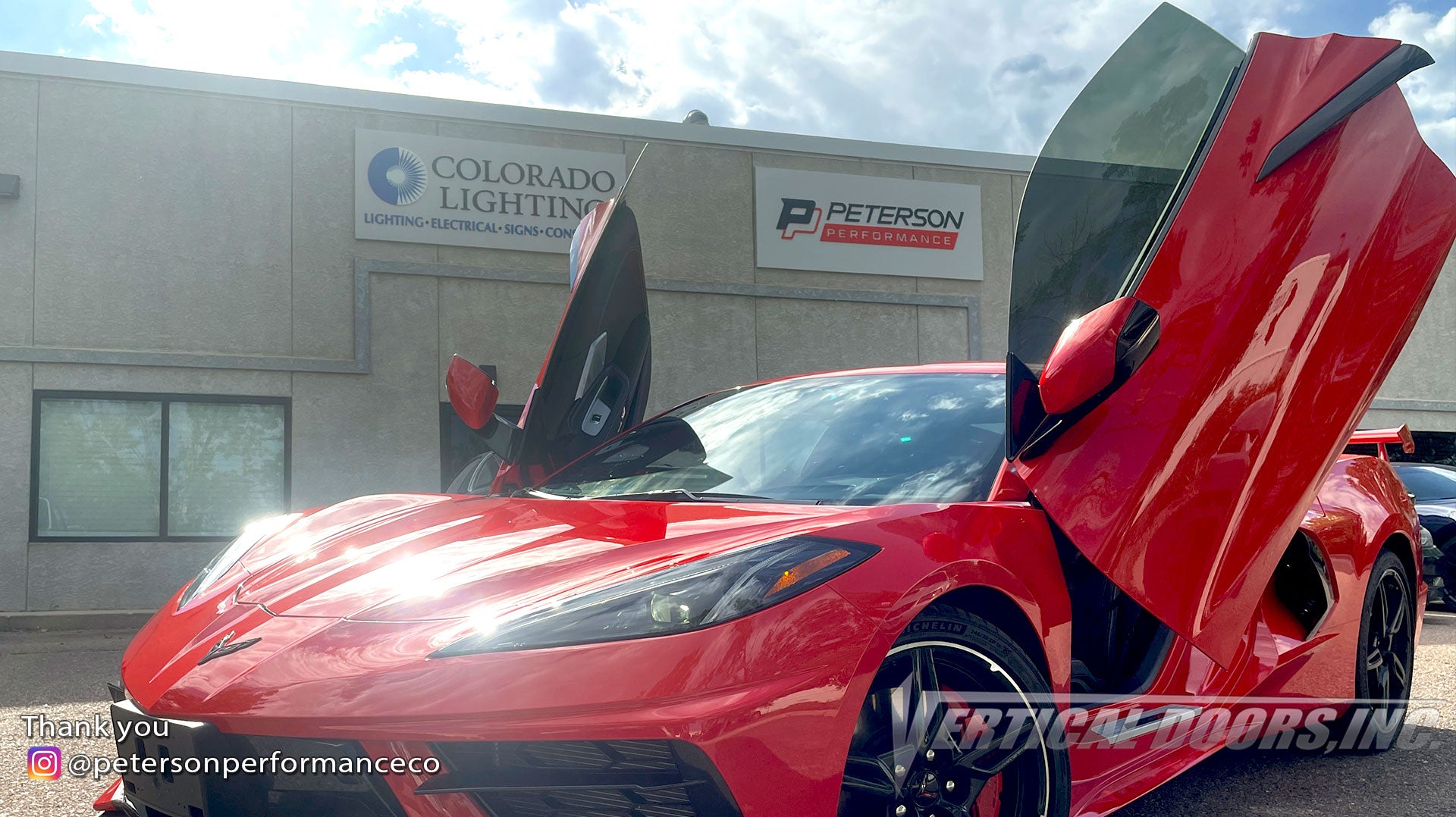 Installer | Peterson Performance & Repair| Colorado Springs, CO | Chevy Corvette C8 featuring Vertical Door conversion kit by Vertical Doors, Inc. AKA "Lambo Doors"