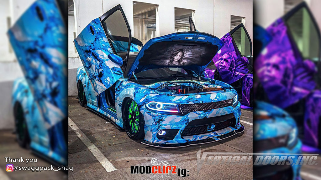 Check out Shaquille's @swaggpack_shaq Dodge Charger from Georgia featuring Vertical Doors, Inc., vertical lambo doors conversion kit.