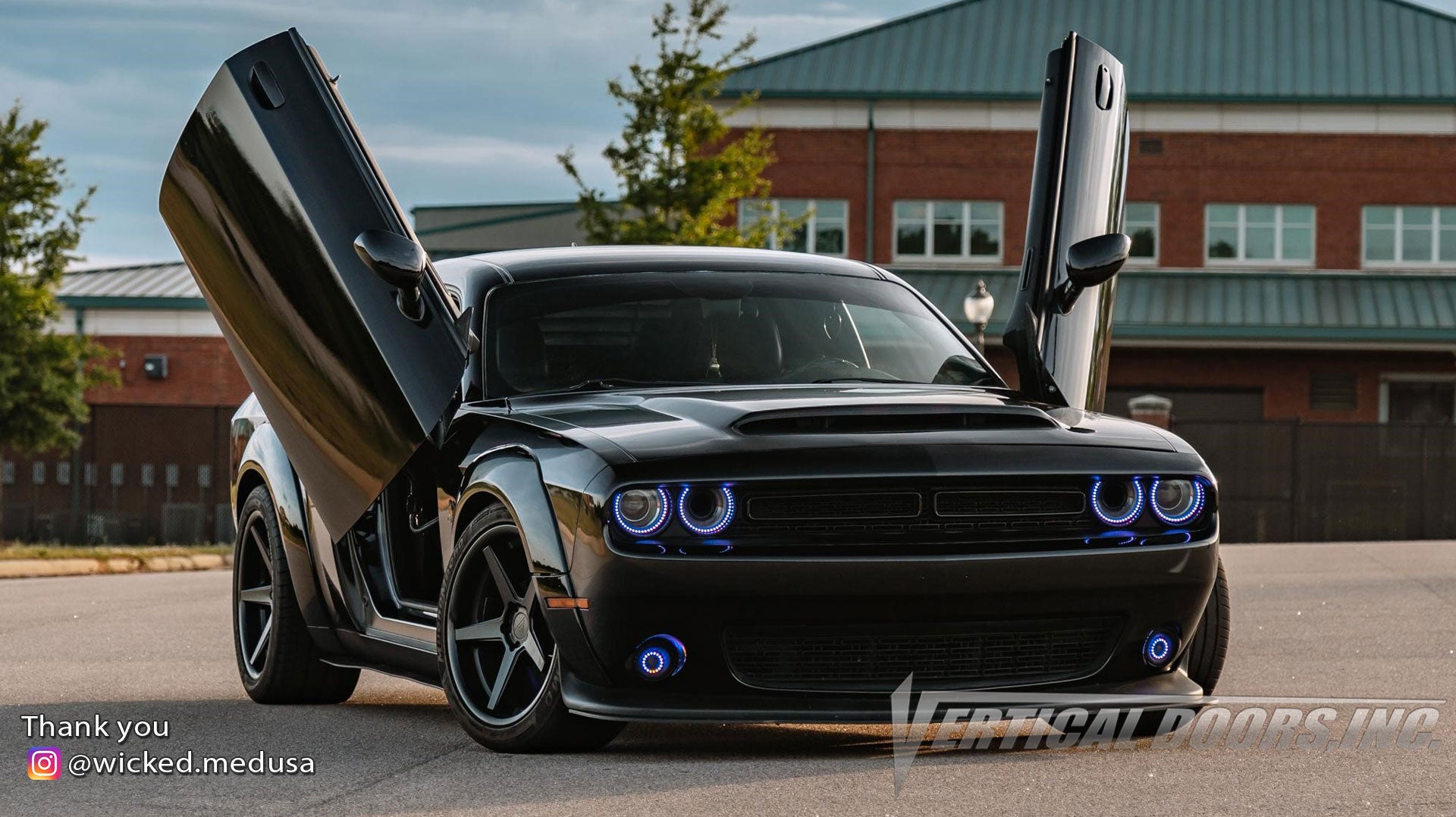 Check out Amber's @wicked.medusa Dodge Challenger from Alabama featuring Vertical Doors, Inc., Vertical Lambo Doors Conversion Kits.