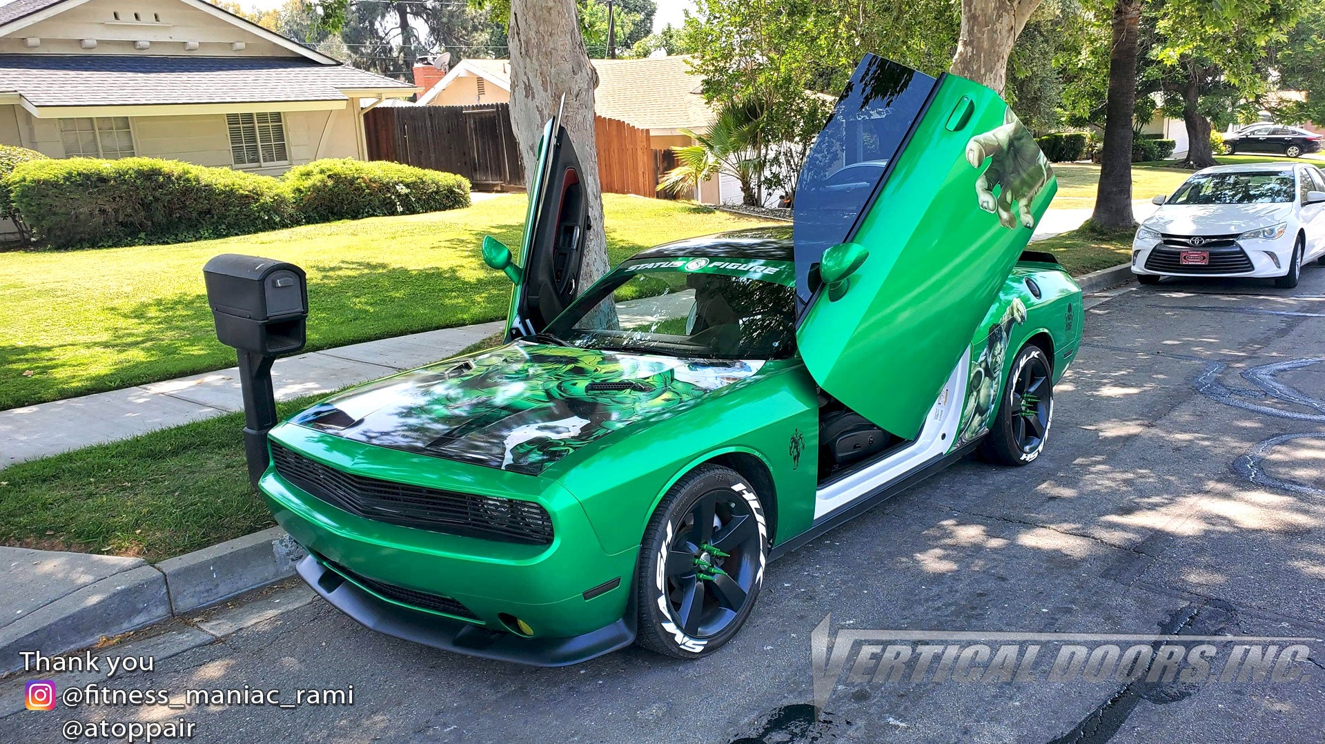 Check out Jason's @fitness_maniac_rami Dodge Challenger from California featuring Vertical Doors, Inc., Vertical Lambo Doors Conversion Kits.
