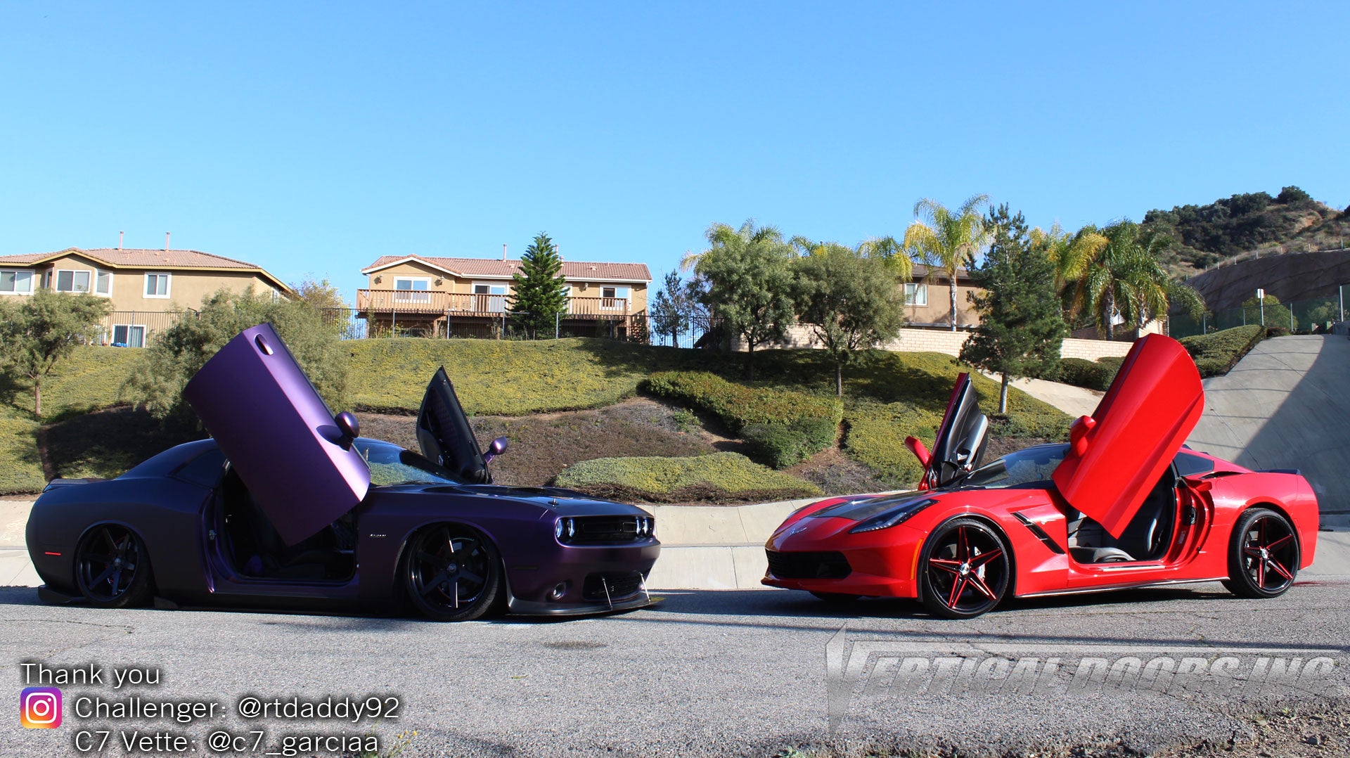 Check out Jorge's Dodge Challenger and Chevy C7 Vette featuring Vertical Doors, Inc., Vertical Lambo Doors Conversion Kits.