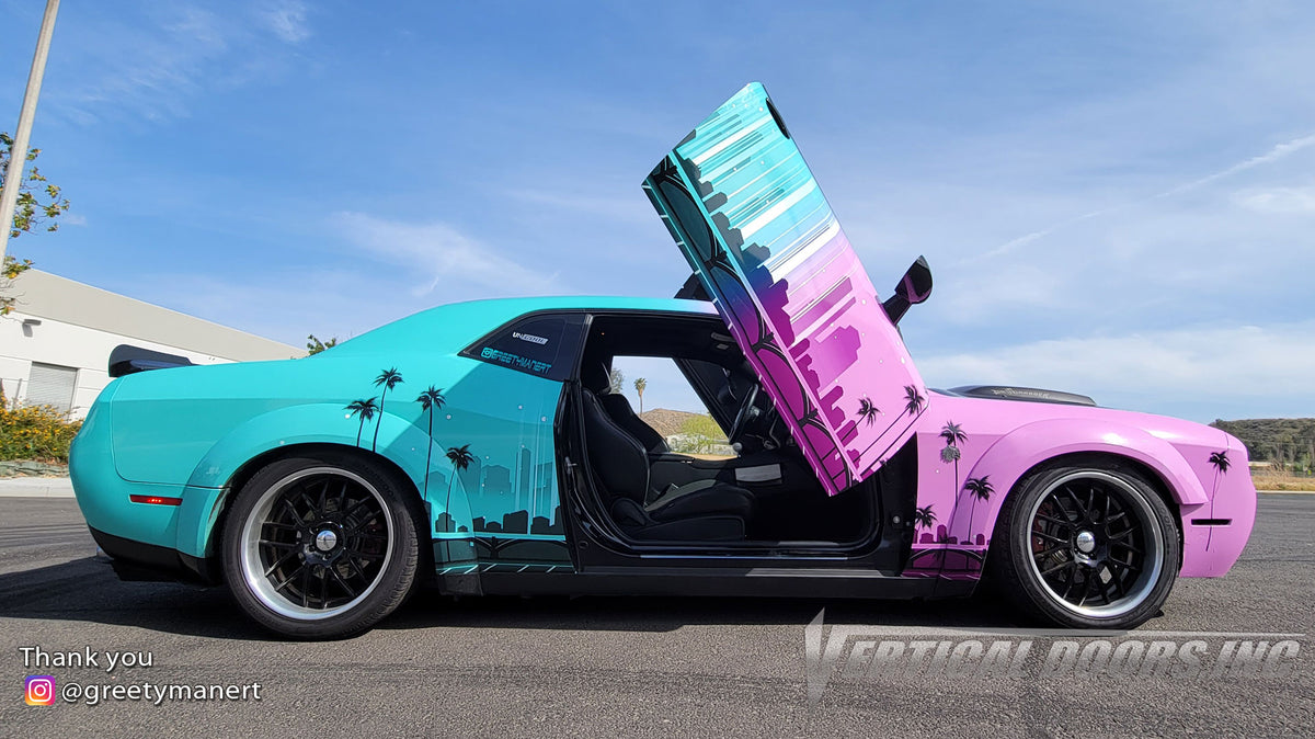 Check out @greetymanert Dodge Challenger from California featuring Vertical Doors, Inc., Vertical Lambo Doors Conversion Kits.