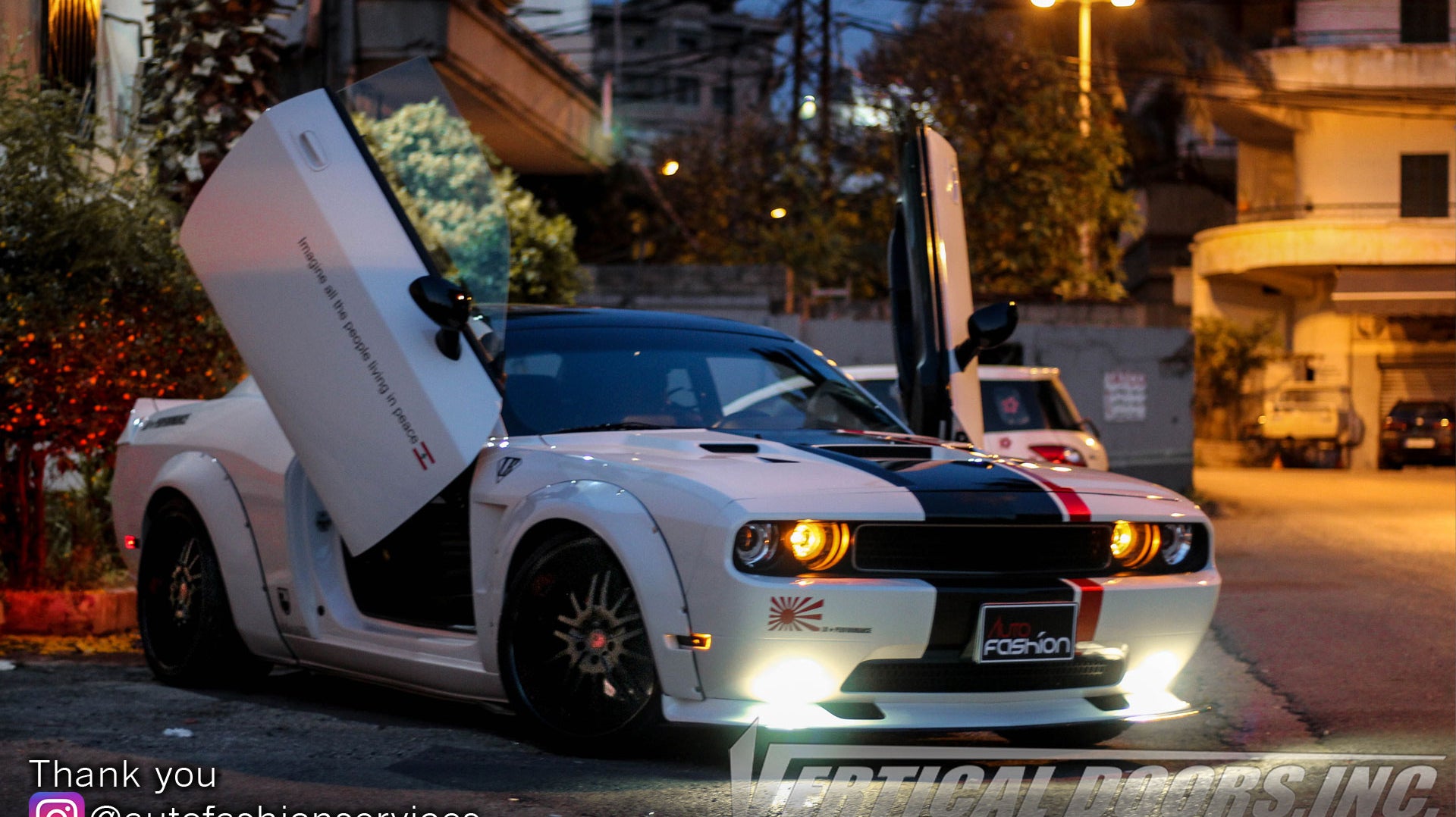 Installer | Auto Fashion Services | Beirut, Lebanon | Dodge Challenger featuring Vertical Doors, Inc. vertical lambo door conversion kit.