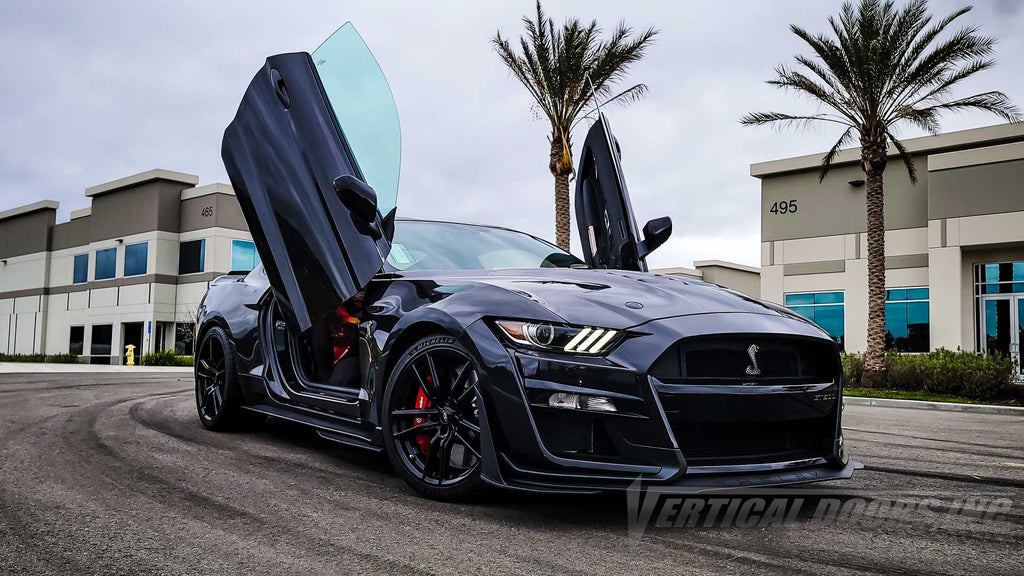 @justin_time_wu 2022 Ford Mustang Shelby GT500 from California, featuring Vertical Door conversion kit by Vertical Doors, Inc. AKA "Lambo Doors"