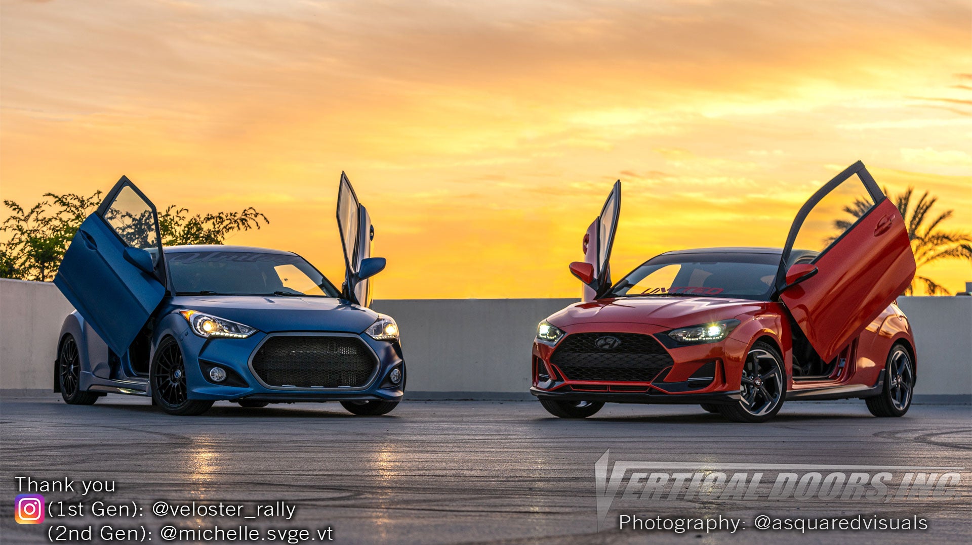 Check Two Generations of the Hyundai Veloster from California featuring Vertical Lambo Doors Conversion Kits from Vertical Doors, Inc.