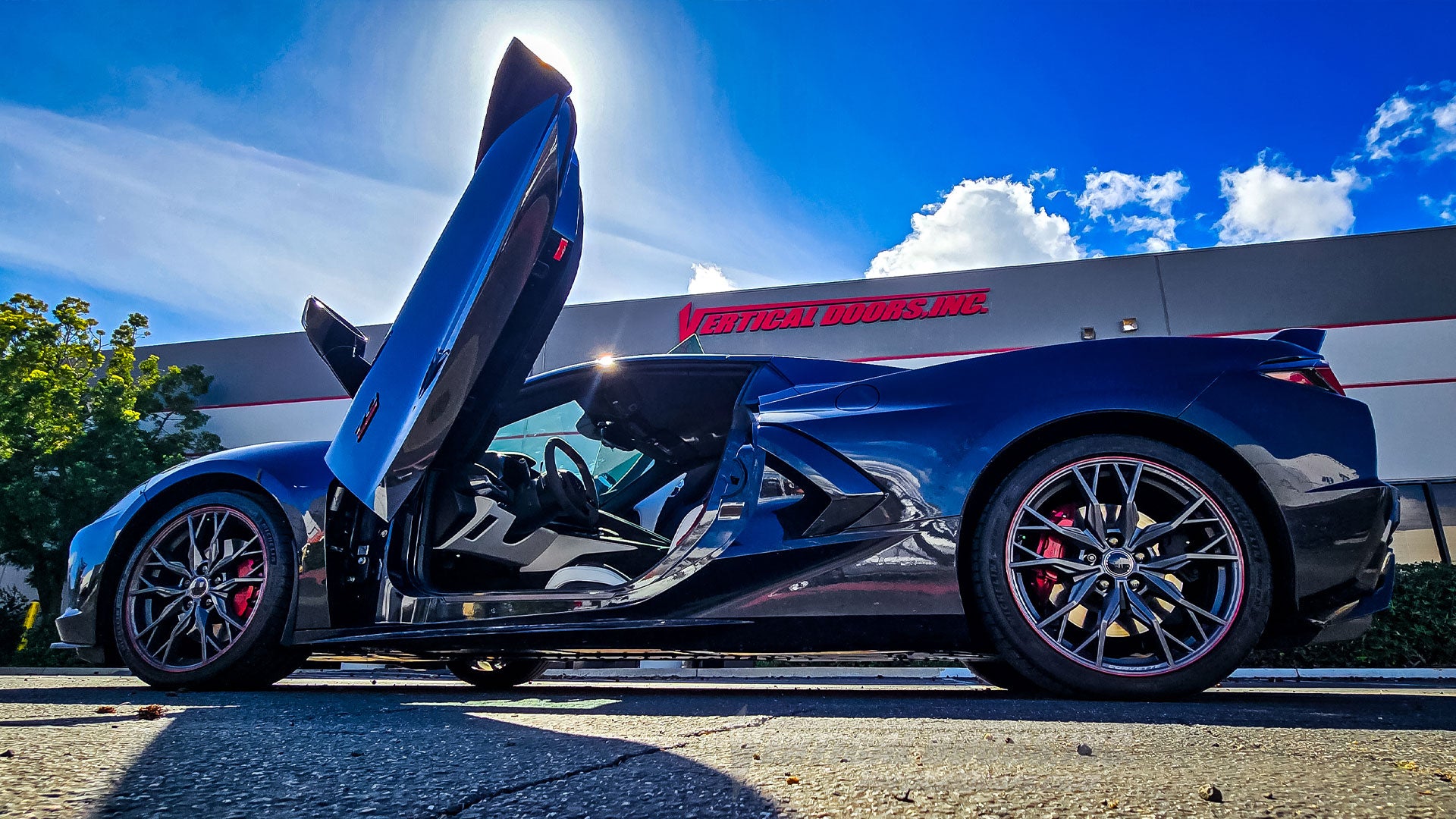 Corvette C8 vertical doors upgrade for Phillip from Texas — Vertical Doors, Inc. scissor/wing door conversion installed in Lake Elsinore, California (VDCCHEVYCORC820).
