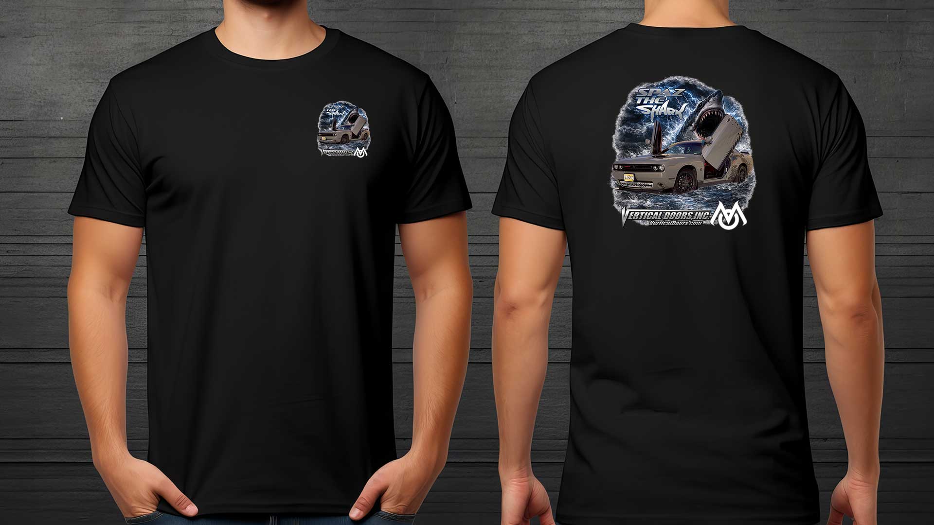 Black unisex Dodge Challenger Shark T-shirt featuring @spaztheshark with Vertical Doors, Inc. front and back print design.