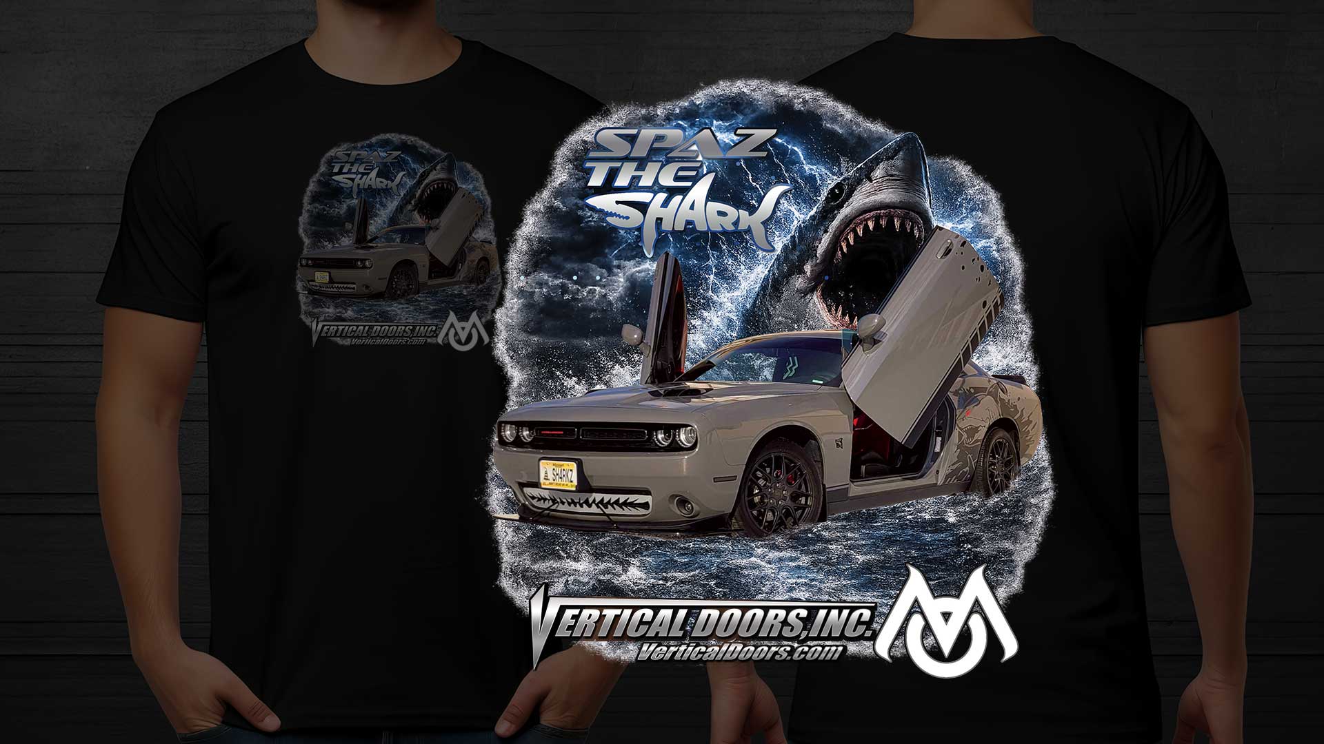 Close-up mockup of Dodge Challenger Spaz The Shark front print T-shirt with vertical doors, shark graphic, and blank back.