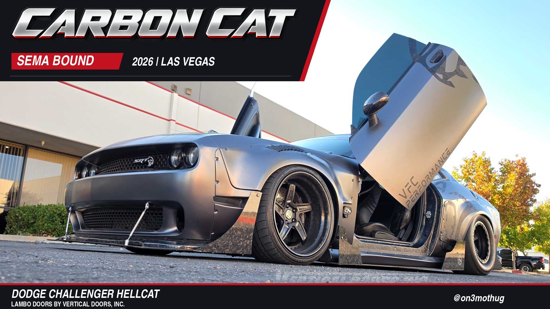 Carbon Cat Dodge Challenger Hellcat with raised Lambo doors and widebody fenders, with SEMA Bound 2026 Las Vegas lettering.