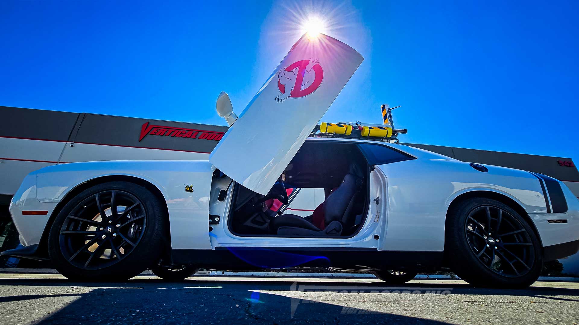 @ECTO392 White Dodge Challenger with a Ghostbuster theme Gets Vertical Doors, Inc. Lambo Doors kit installed 81925