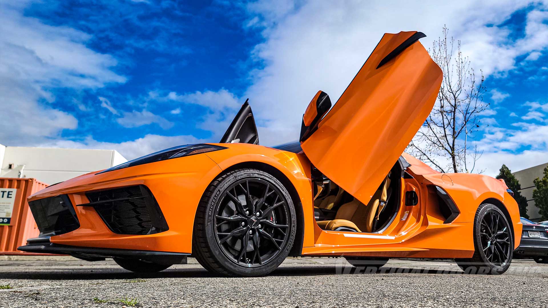 Vertical Lambo Doors kit installed on a Chevrolet Corvette C8 from California 032323