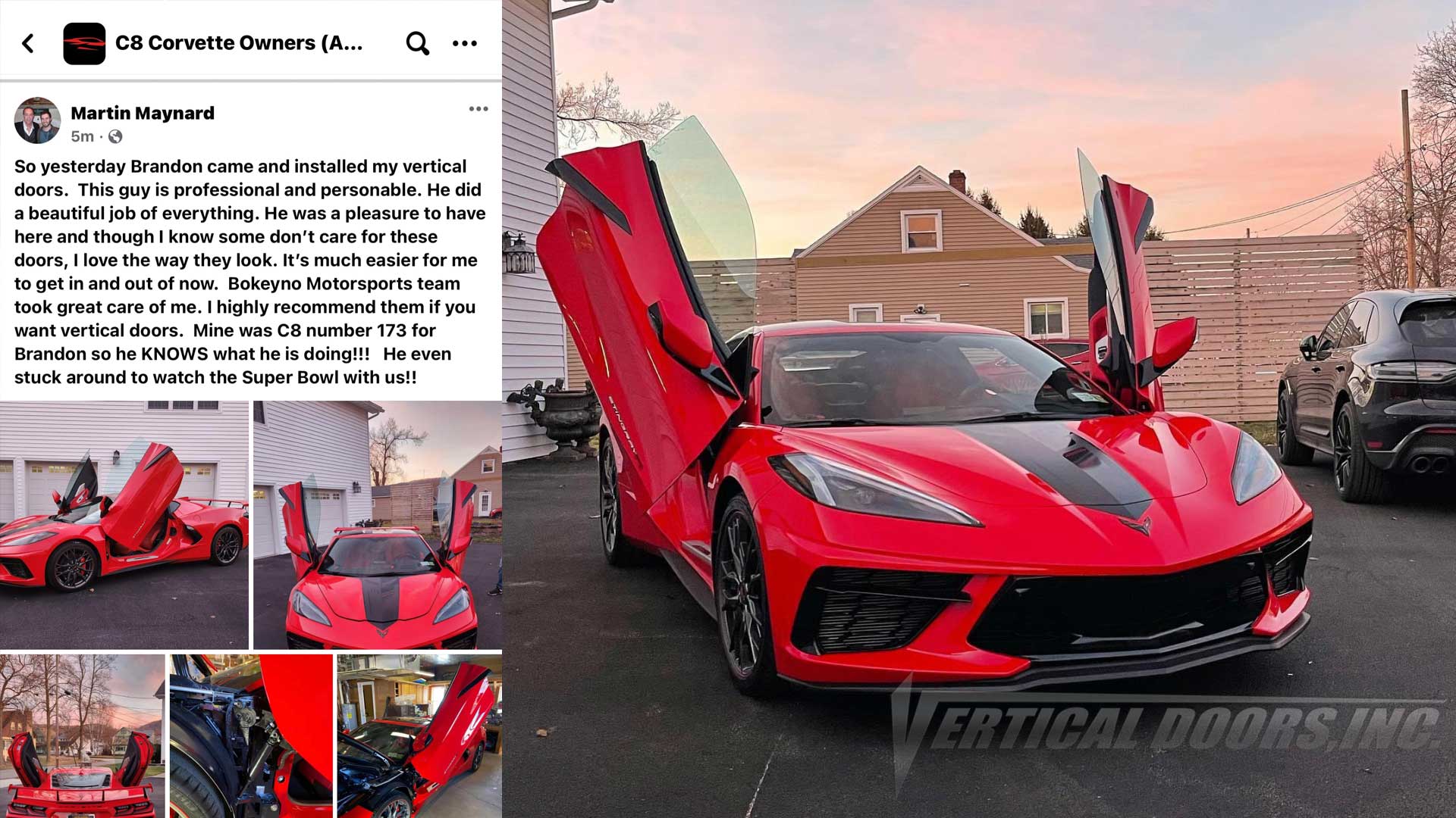 Mobile Installer | Bokeyno Motorsports | Olean, New York | Chevrolet Corvette C8 featuring Vertical Doors, Inc. vertical lambo door conversion kit.