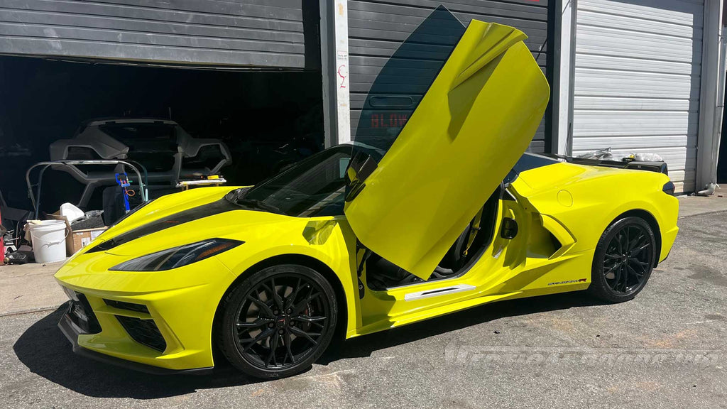 Accelerate Yellow Metallic (Yellow) Chevrolet Corvette C8 featuring Door conversion kit by Vertical Doors, Inc. AKA "Lambo Doors" Our most popular kits are in stock and ready to ship.