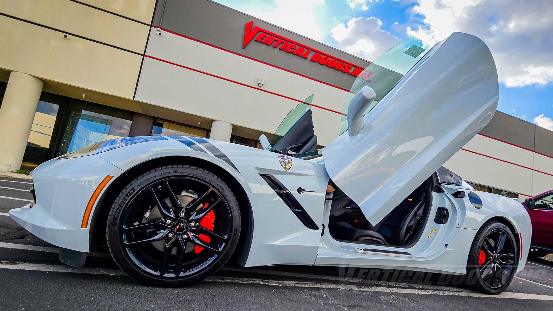 Vertical Lambo Door Kit installed on a Chevrolet Corvette C7 by Vertical Doors, Inc., in Lake Elsinore California.