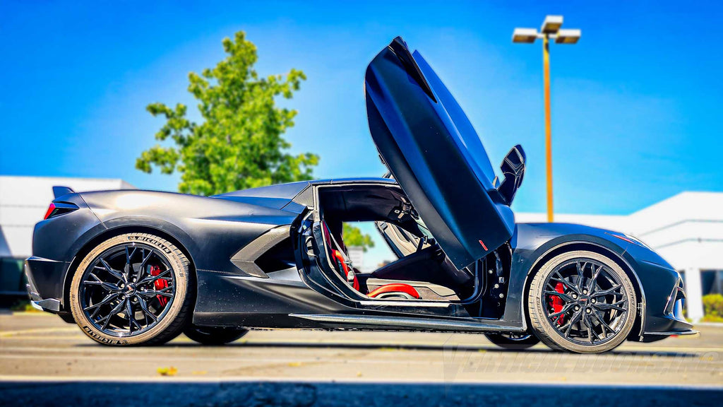Ready to Turn Heads on the Road? @john.nk__ Corvette C8 Just Rolled Out with Vertical Doors, Inc.’s Factory-Direct Lambo Door Conversion Kit!
