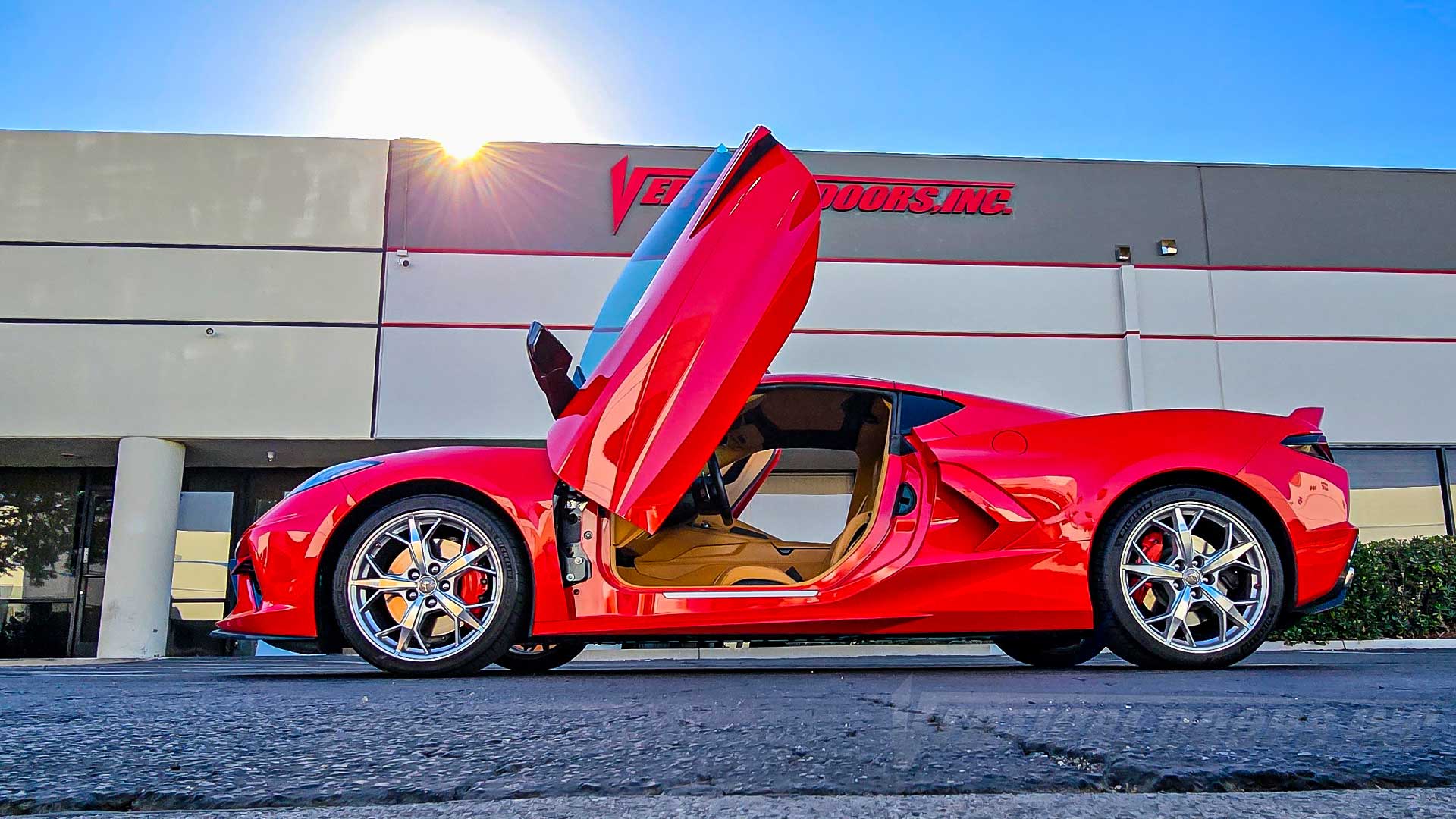 Omar Duenes Chevrolet Corvette C8 after removing competitor's vertical door kit from his car. Kit replacement done at Vertical Doors, Inc. in Lake Elsinore California. 010925