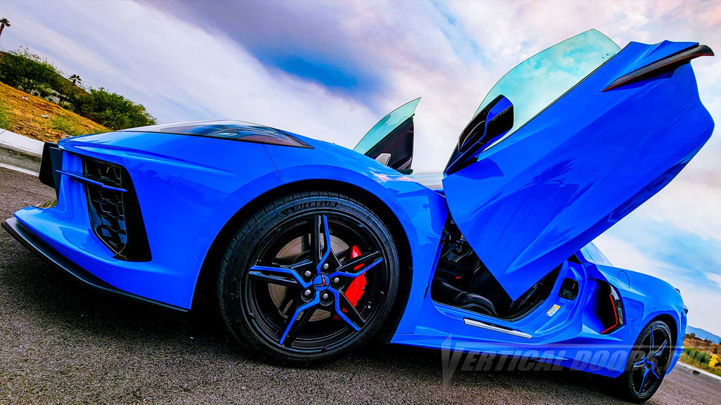 Rapid Blue C8 Corvette with Lambo Doors Conversion Kit manufactured and installed by Vertical Doors, Inc.
