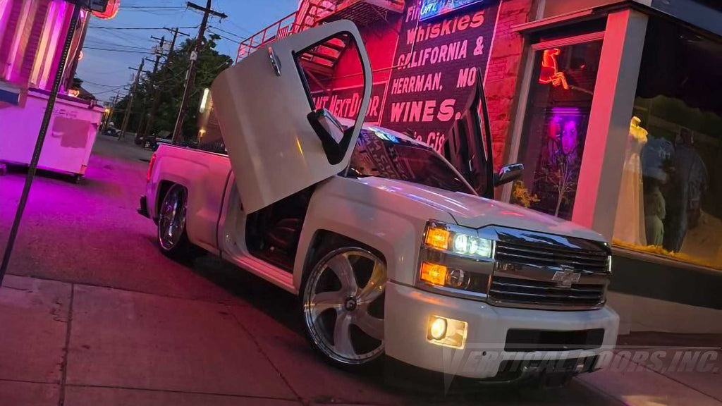 @una_cheyenne_ Chevrolet Silverado showing off a set of Lambo Door Conversion Kit, by the BEST,  Vertical Door, Inc., in Lake Elsinore California