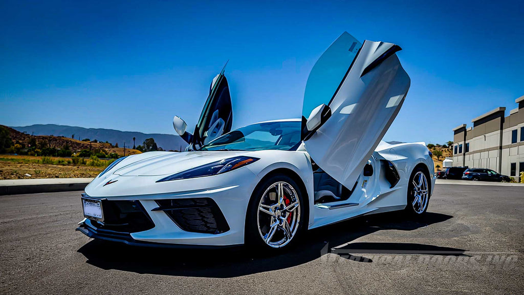 C8 Vette Showing off Vertical Lambo Door Conversion Kit Manufactured and Installed by Vertical Doors Inc., VDCCHEVYCORC820.