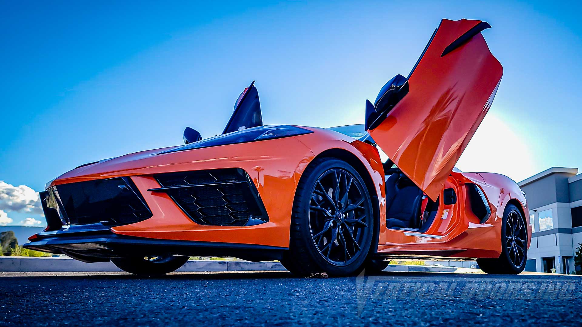 Elevate your Chevy Corvette C8 with Vertical Doors Inc's Lambo Door Kit! Installation available in Lake Elsinore, CA. VDCCHEVYCORC820
