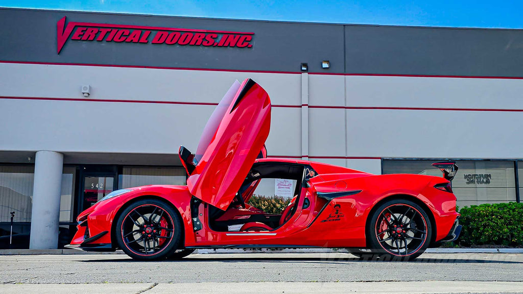 Chevrolet Corvette C8 just got a set of Lambo Doors installed by the best manufacturer in the industry, Vertical Doors, Inc., in California. 32725