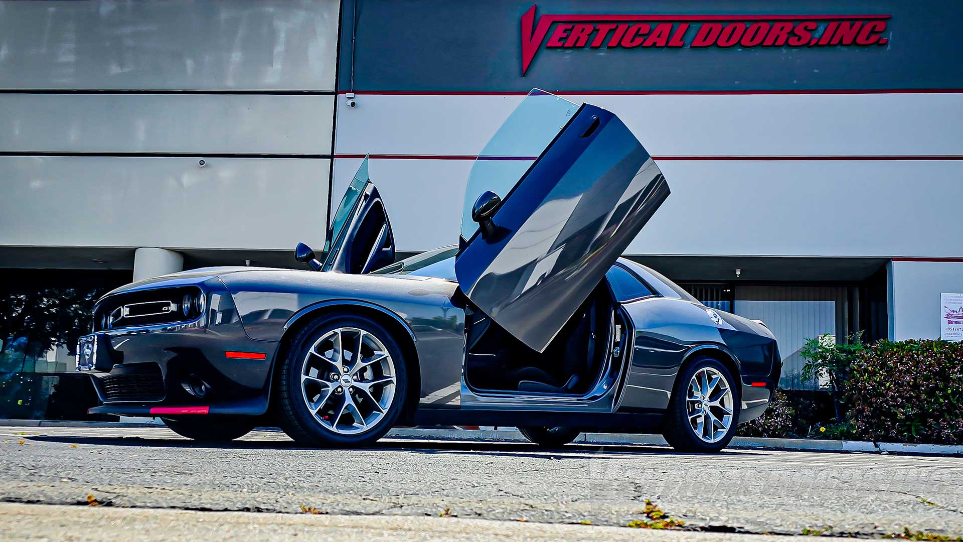 Dodge Challenger from California featuring Vertical Doors, Inc. door conversion kit. AKA "Lambo Doors"