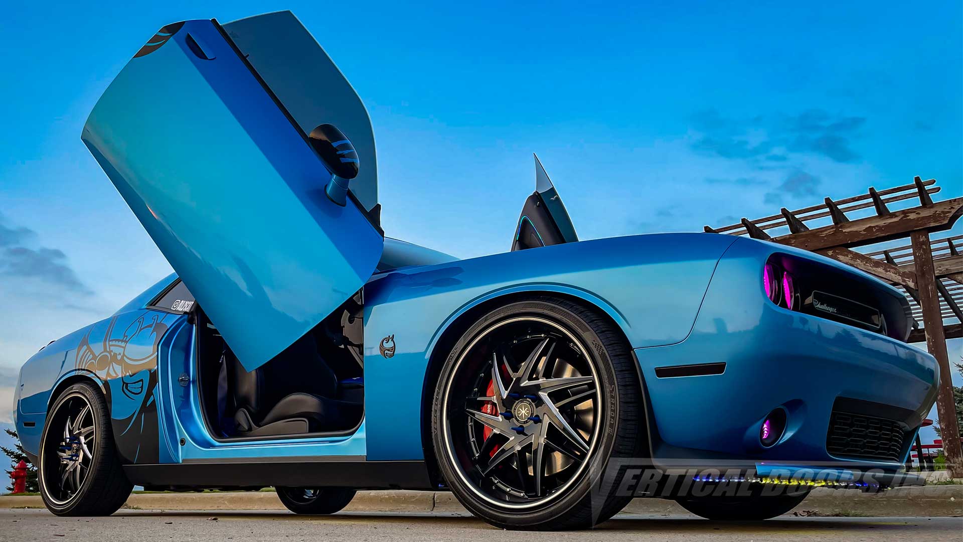 Check out @blu.dscat Dodge Challenger from Illinois featuring Vertical Doors, Inc. door conversion kit. AKA "Lambo Doors"