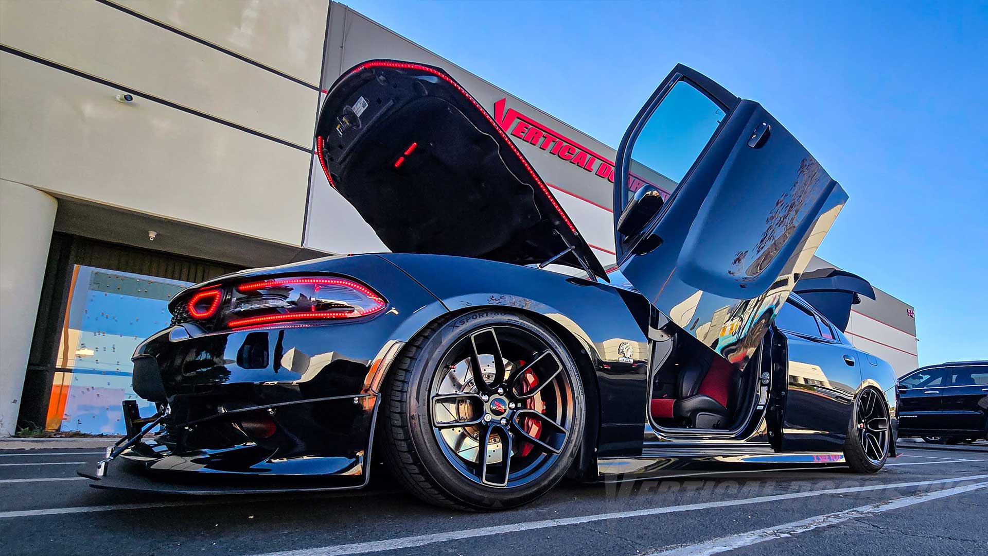 @baggedpreddtr Dodge Charger recently got one of the best aftermarket upgrades, a Vertical Doors conversion kit, often referred to as "Lambo Doors," installed by Vertical Doors, Inc. in Lake Elsinore, California.