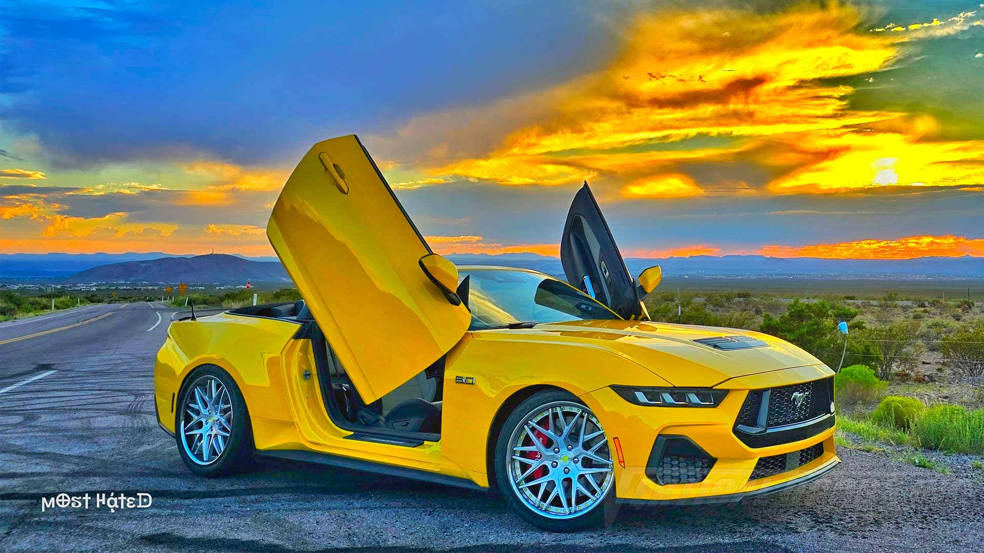 @most.hated5.0 2024 Ford Mustang from New Mexico featuring Vertical Doors, Inc. lambo door conversion kit.