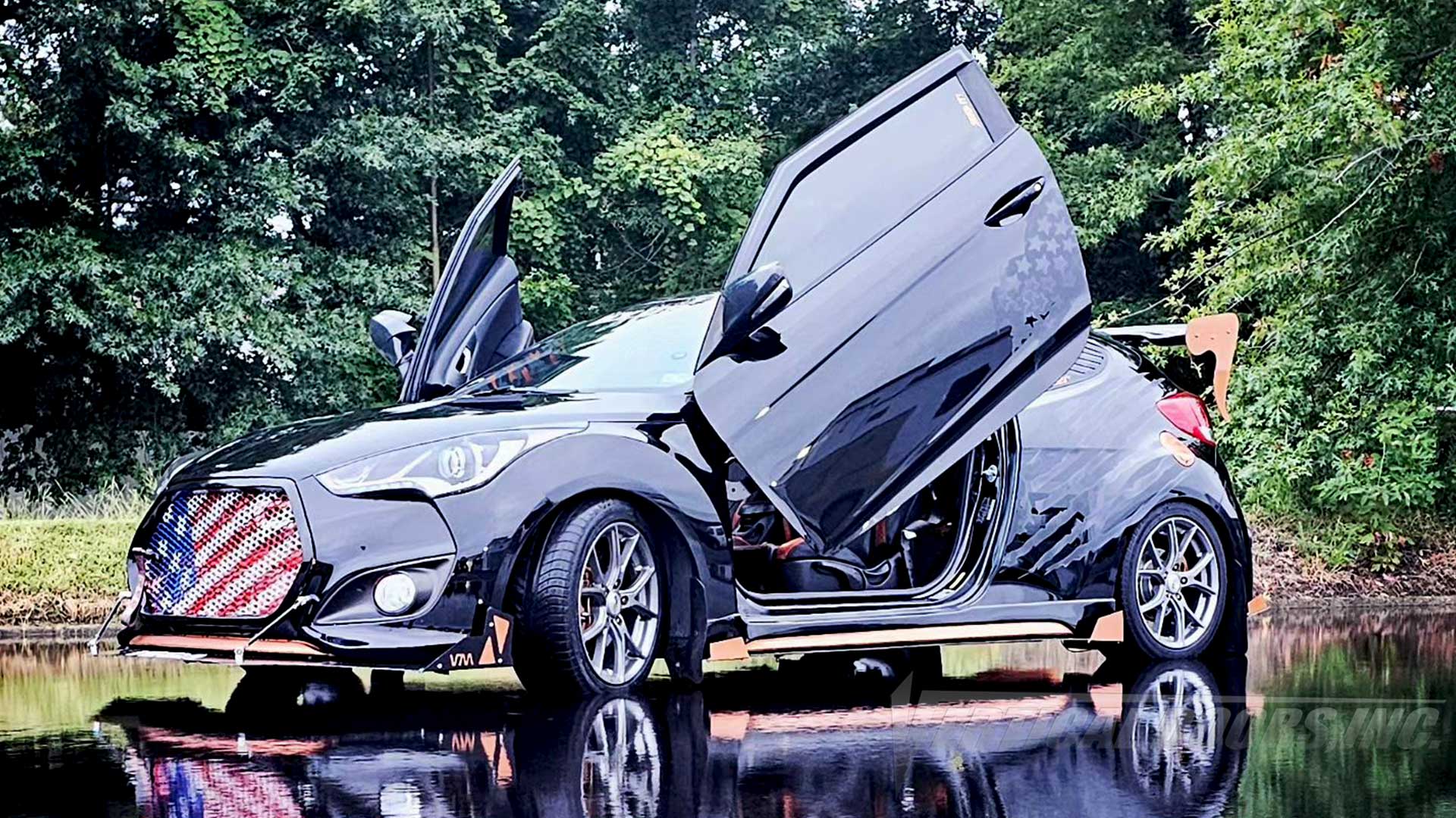 Vertical Lambo Door kit on @baby_rod_ella Hyundai Veloster from Virginia kit by Vertical Doors, Inc.