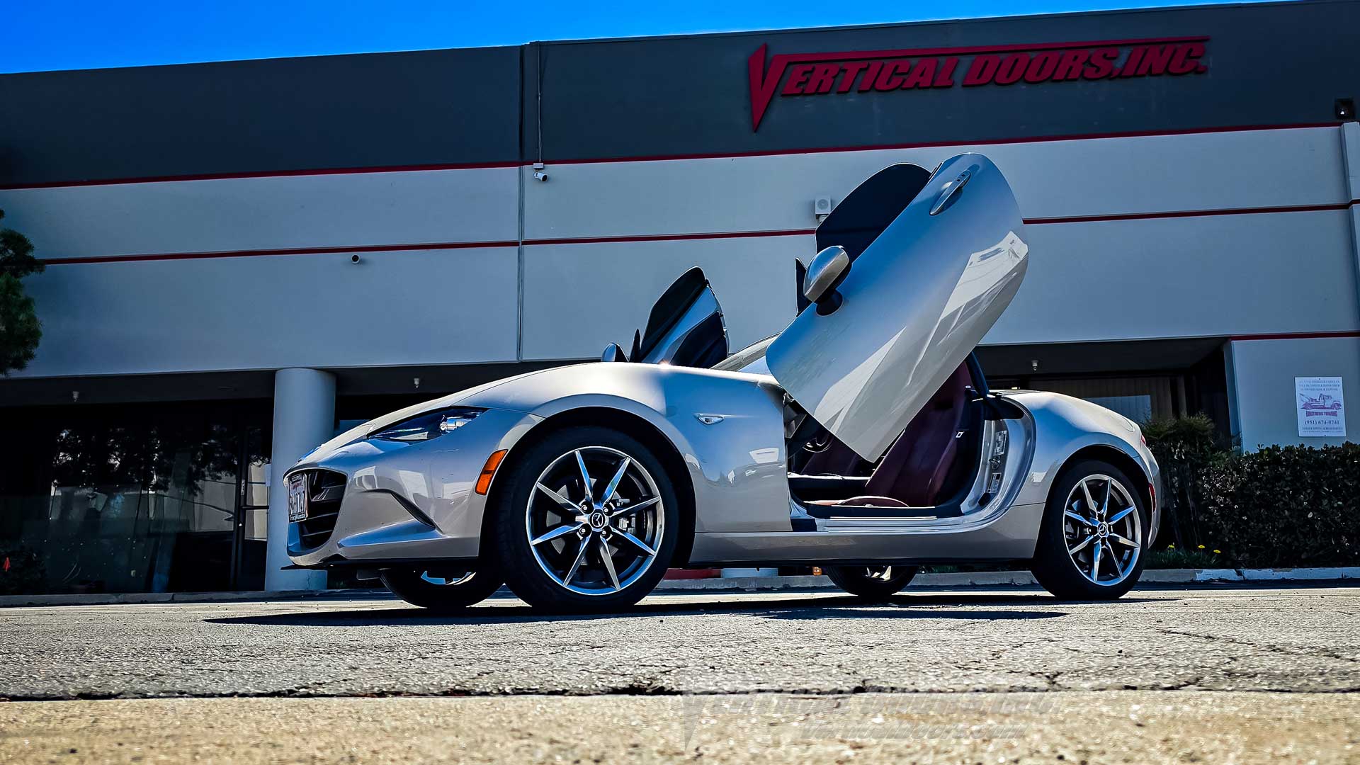 Topless with Doors Up, Mazda MX-5 Miata Roadster 2016-2026 lambo door kit Installed in Lake Elsinore, CA by Vertical Doors, Inc.