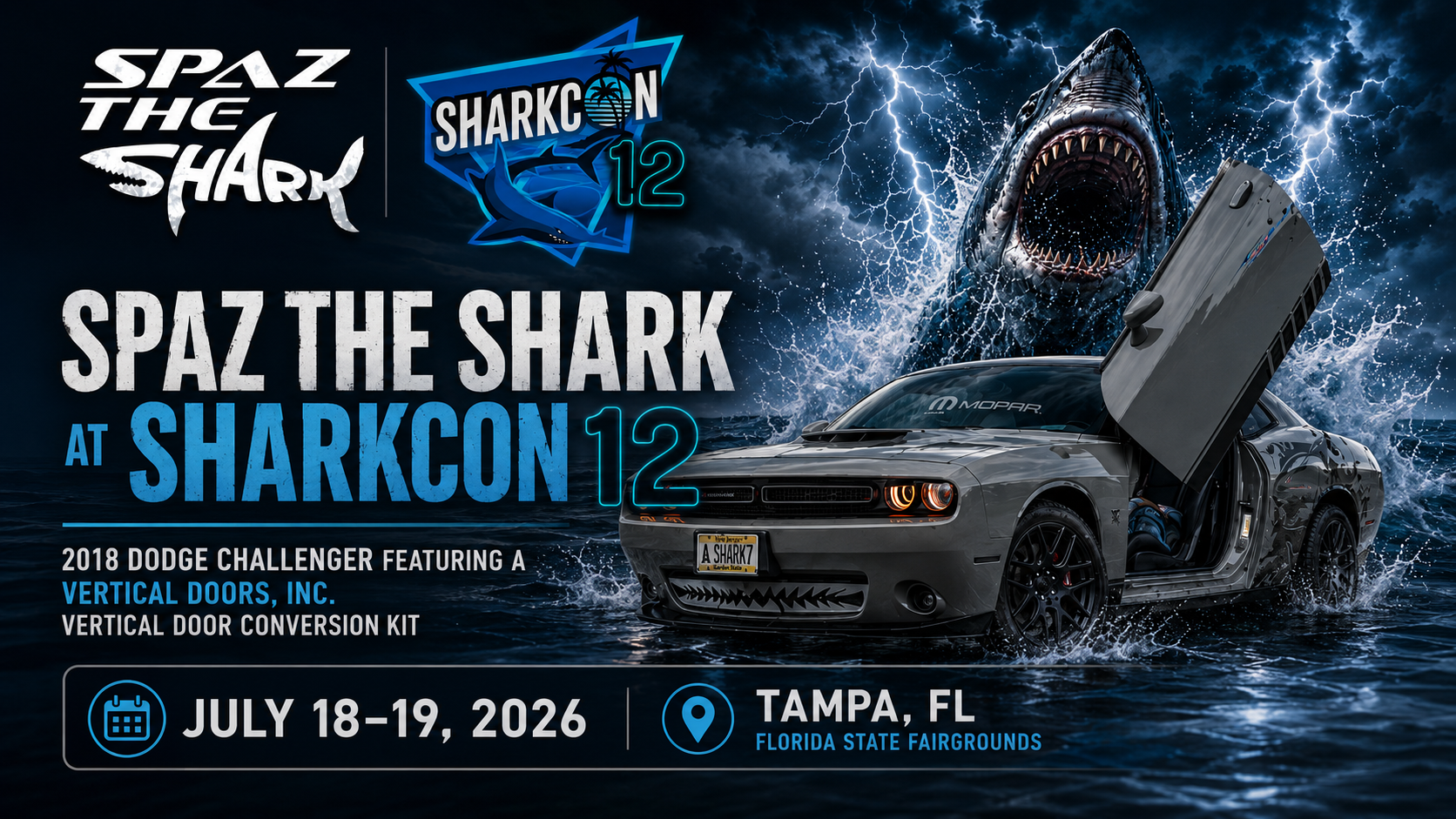 Alex Smith, known as Spaz The Shark, is bringing his custom 2018 Dodge Challenger with a Vertical Doors, Inc. Vertical Door Conversion Kit to SharkCon 2026 in Tampa, Florida.