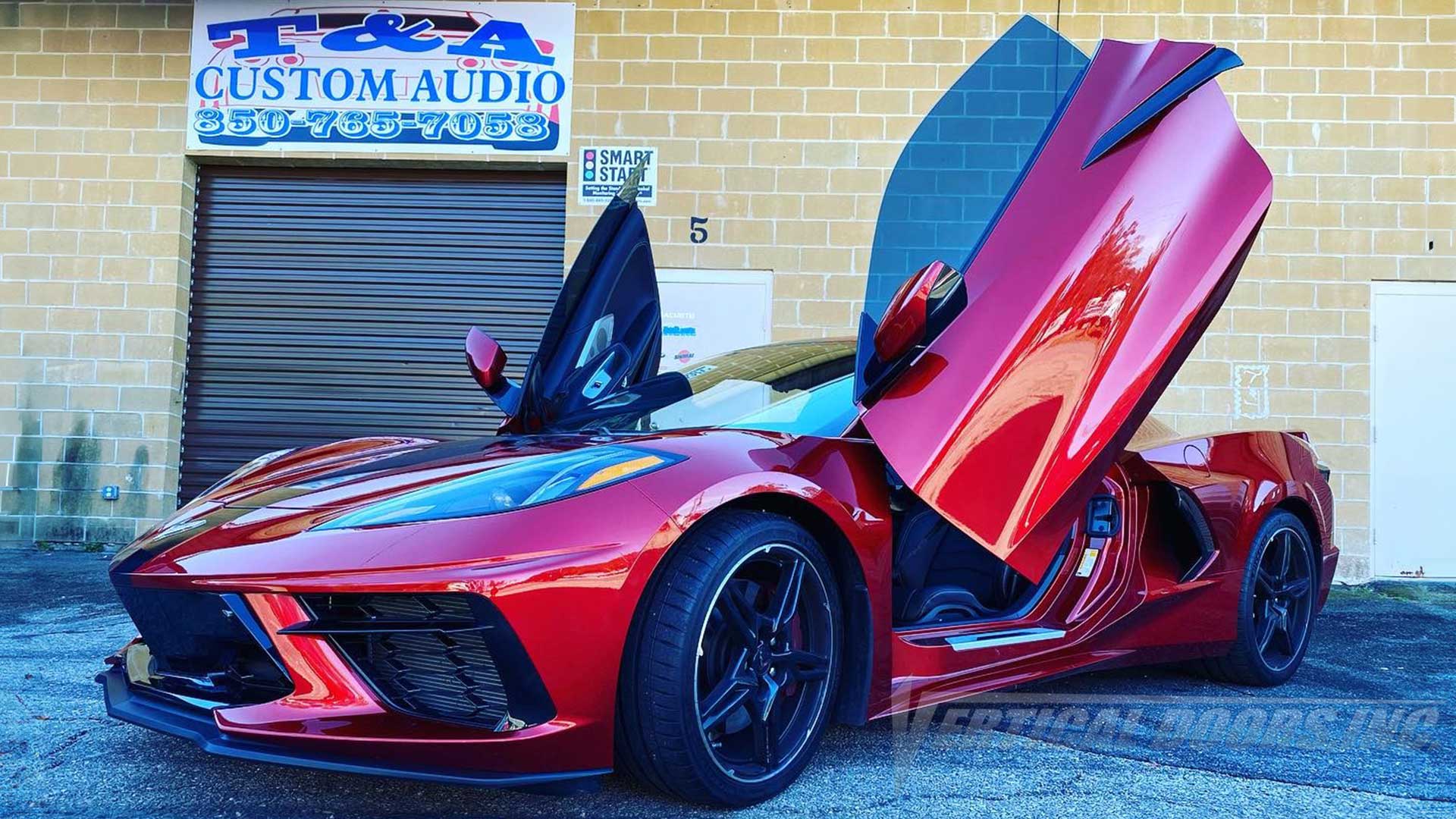 Installer | T&A Custom Audio| Tallahassee, FL | Corvette C8, Corvette C7, Silverado truck, Sierra Truck, Lexus IS, featuring Vertical Doors, Inc., lambo door conversion kit.
