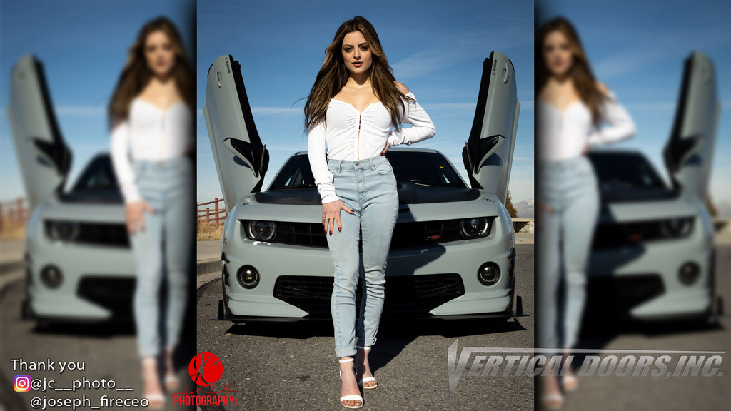 Check out @jc__photo__ Photograpy of Model @taylahtaylorr and @modify_muscle_007 Chevrolet Camaro from Utah featuring Vertical Lambo Doors Conversion Kit from Vertical Doors, Inc.