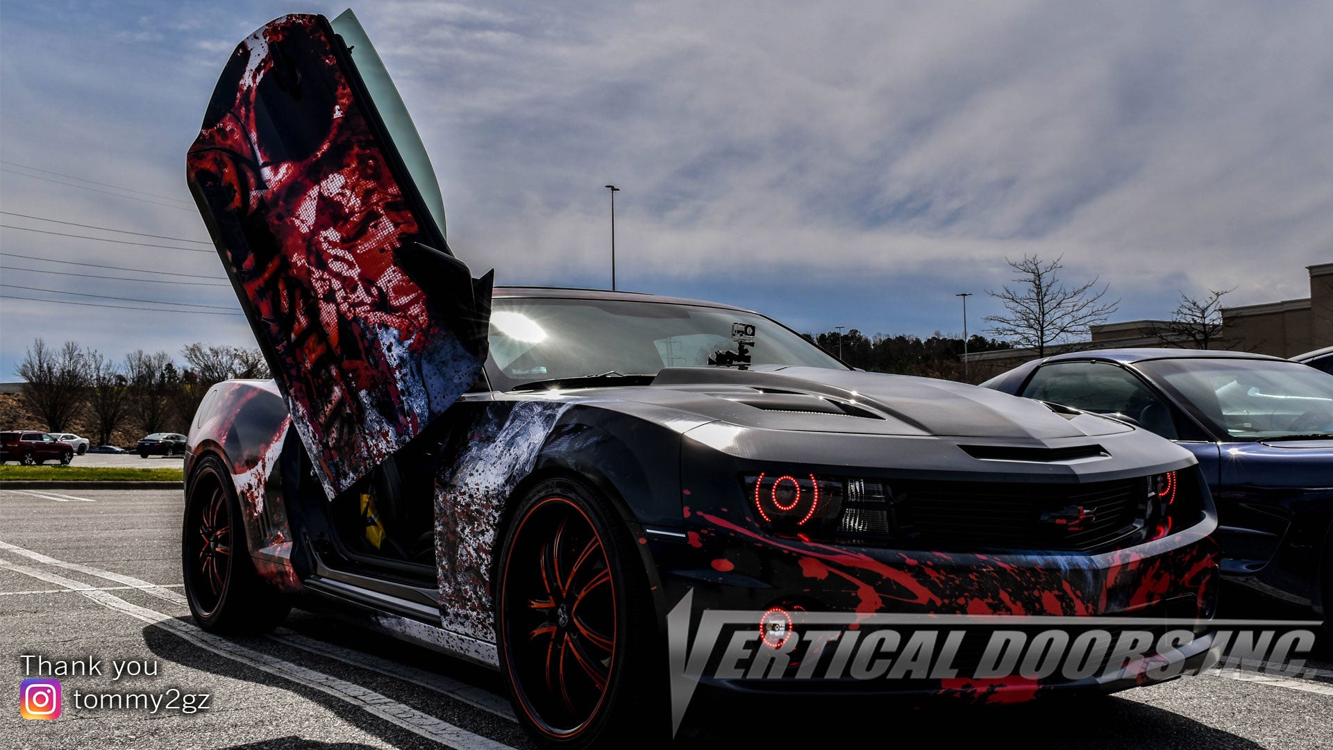 "the_sinister_camaro" Chevy Camaro with vertical lambo doors images submitted by Tommy Richardson @tommy2gz
