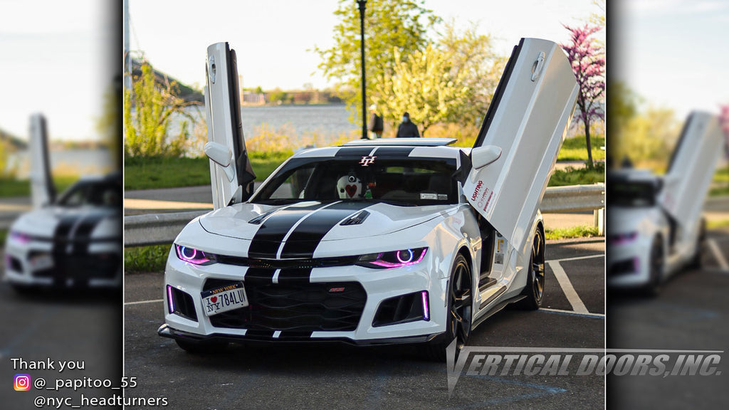 Check out Chris's @_papitoo_55 Chevrolet Camaro from New York featuring Vertical Doors, Inc., vertical lambo doors conversion kit.
