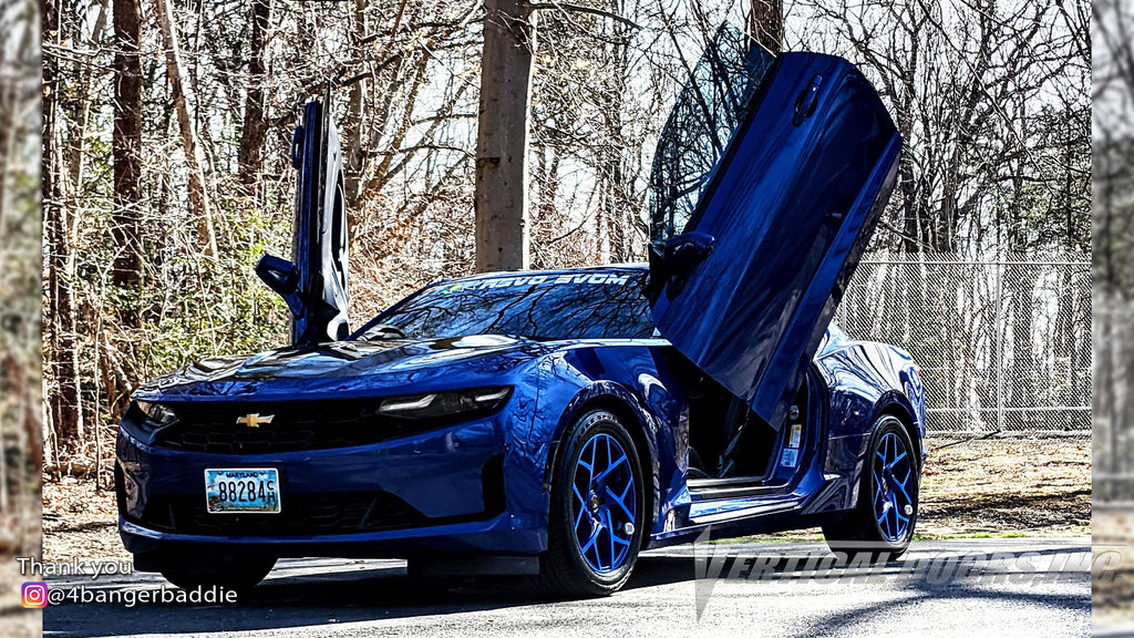 Check out Ellie's @4bangerbaddie Chevy Camaro featuring Vertical Lambo Doors Conversion Kit from Vertical Doors, Inc.