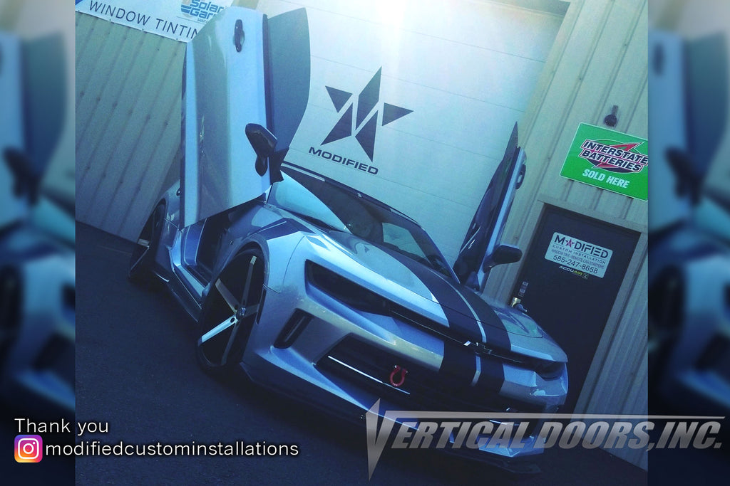 Installer | Modified Custom Installations | Greece, NY | Chevrolet Camaro featuring Verical Doors, Inc. vertical lambo door conversion kit.