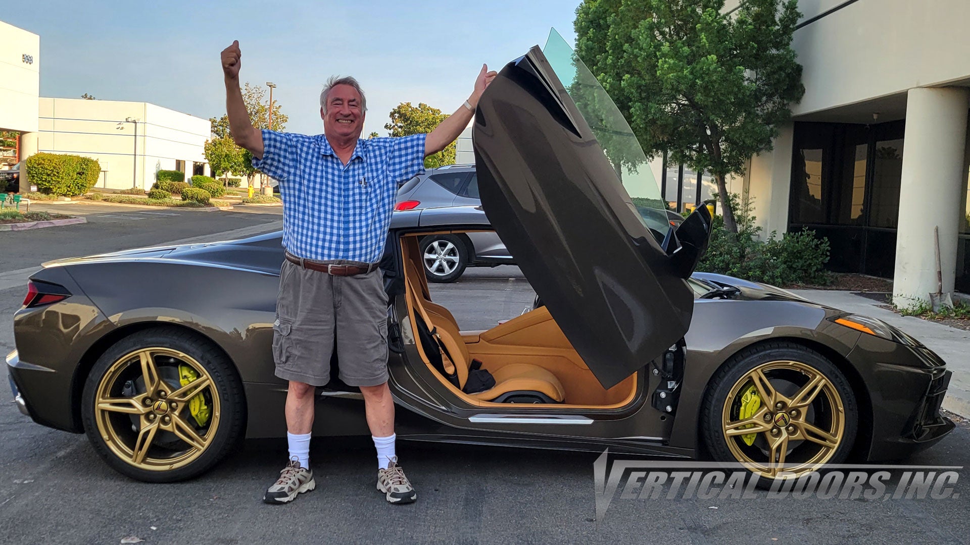 Chevrolet Corvette C8 Zeus Bronze featuring Vertical Doors, Inc., vertical lambo door conversion kit.