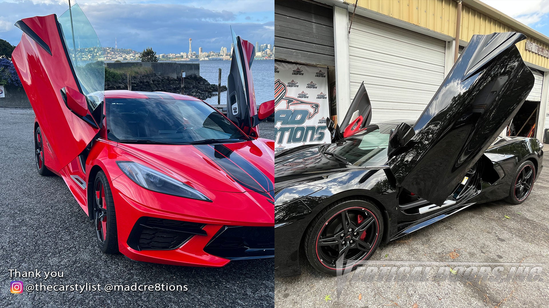 Installer | Mad Creations ATL | Washington and Georgia| 2 Chevy Corvette C8 featuring Vertical Door conversion kit by Vertical Doors, Inc. AKA "Lambo Doors"