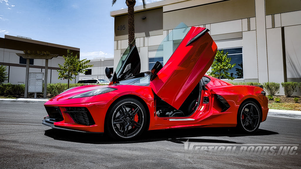 Check out @morrisbell12021 Chevrolet Corvette C8 from California featuring Vertical Door conversion kit by Vertical Doors, Inc. AKA "Lambo Doors"