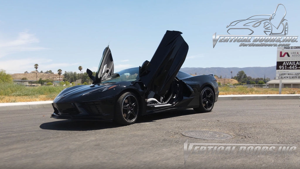 Chevrolet Corvette C8 featuring Vertical Doors, Inc., vertical lambo door conversion kit.