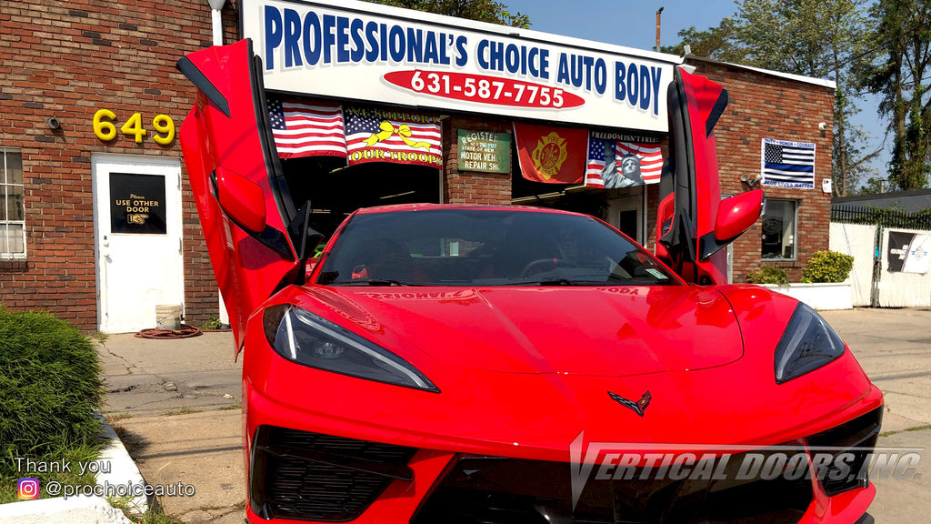 Installer | Professional's Choice Auto Body | West Babylon, NY | Chevrolet Corvette C8 Vertical Doors, Inc., vertical lambo door conversion kit.