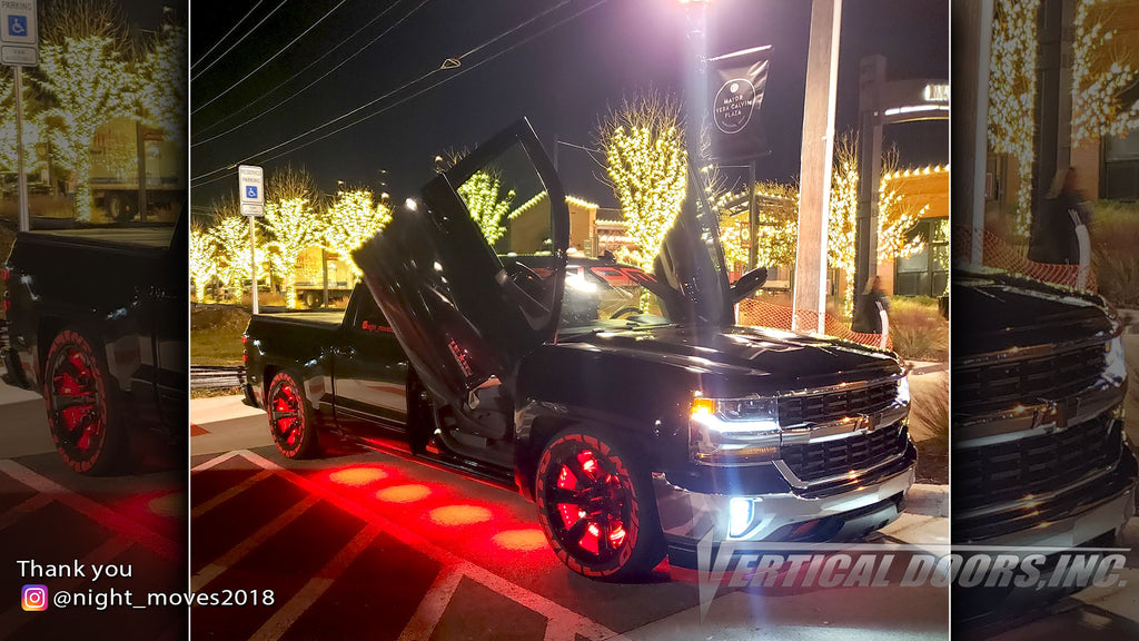 Check out Michael's @night_moves2018 Chevy Silverado from Texas featuring Vertical Lambo Doors Conversion Kit by Vertical Doors, Inc.