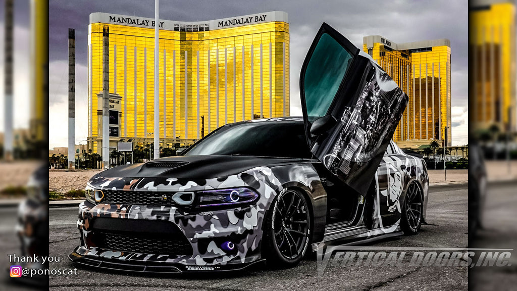 Check out Abel's @ponoscat Dodge Charger from California featuring Vertical Doors, Inc., vertical lambo doors conversion kit.
