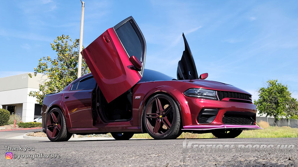Check out @yourgirlfav392 Dodge Charger from California featuring Vertical Doors, Inc., vertical lambo doors conversion kit.